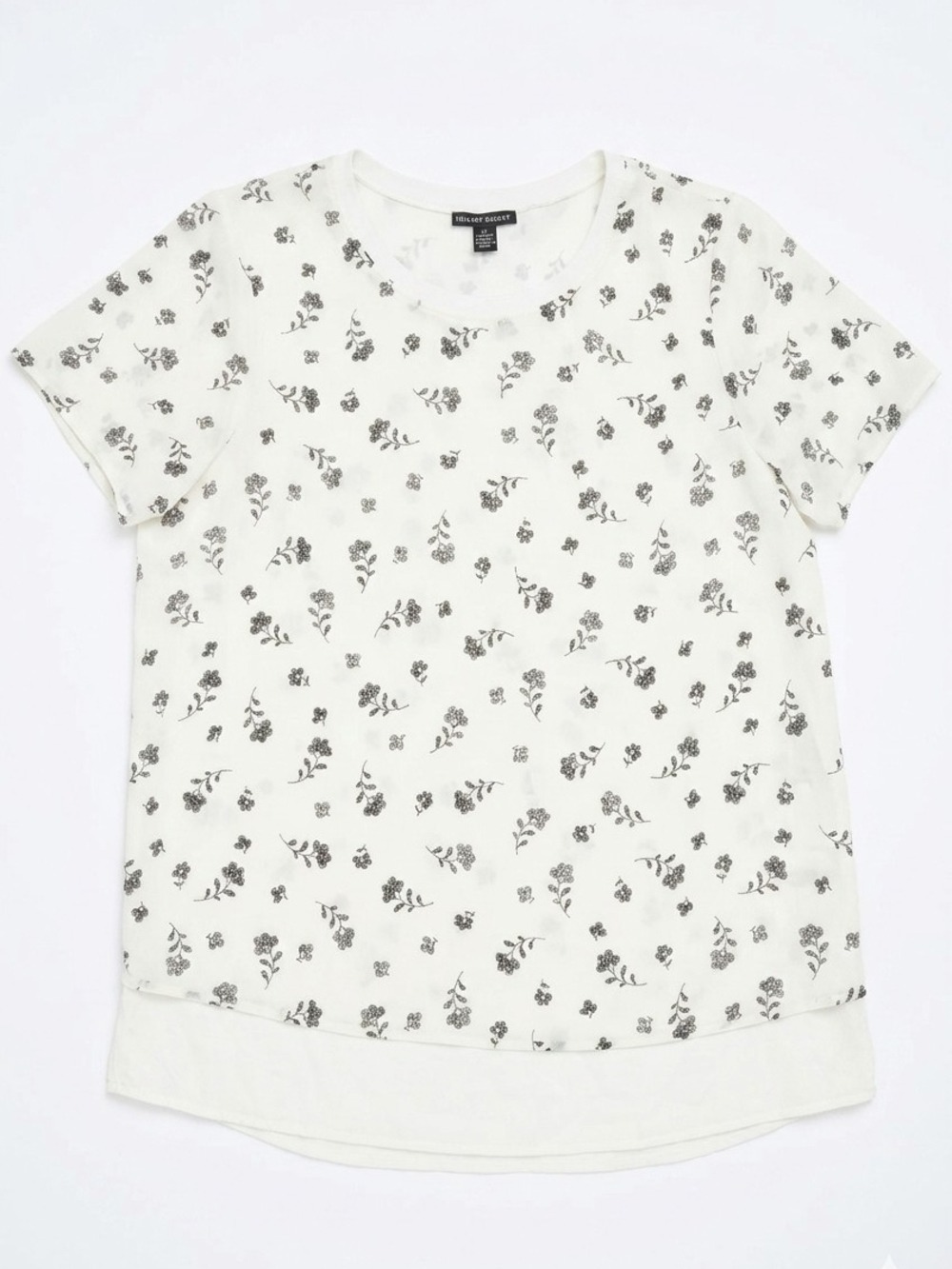 NWT Size S Hilary Radley Sheer Layered Cream/Black Floral Print Short Sleeve Top